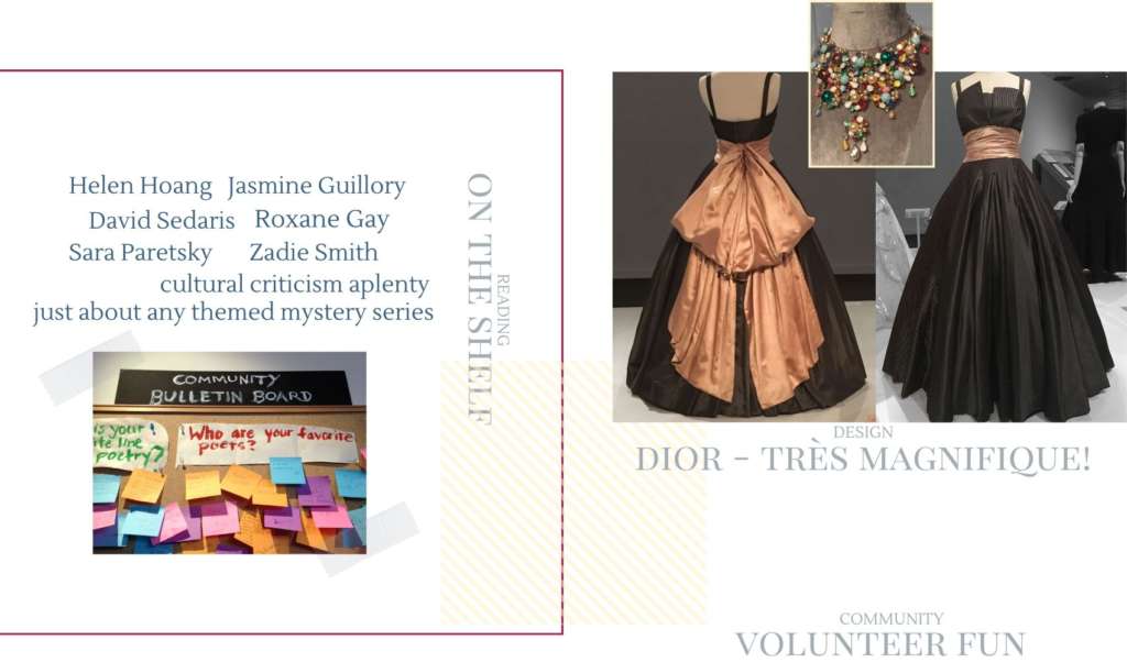 about my design aesthetics, image showing a dior gown and a bulletin board with sticky notes